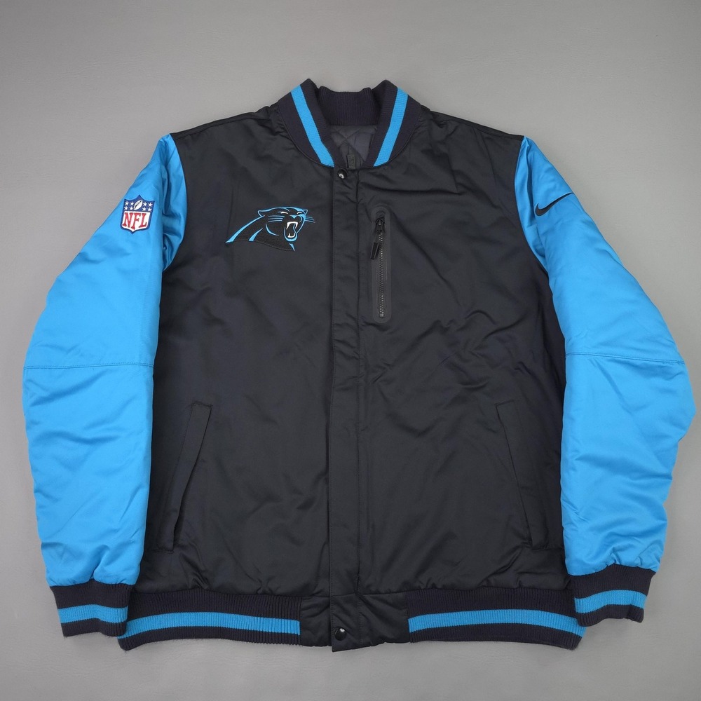 Carolina Panthers Jacket Mens 2XL Black Blue NFL Nike Reversible Bomber On Field